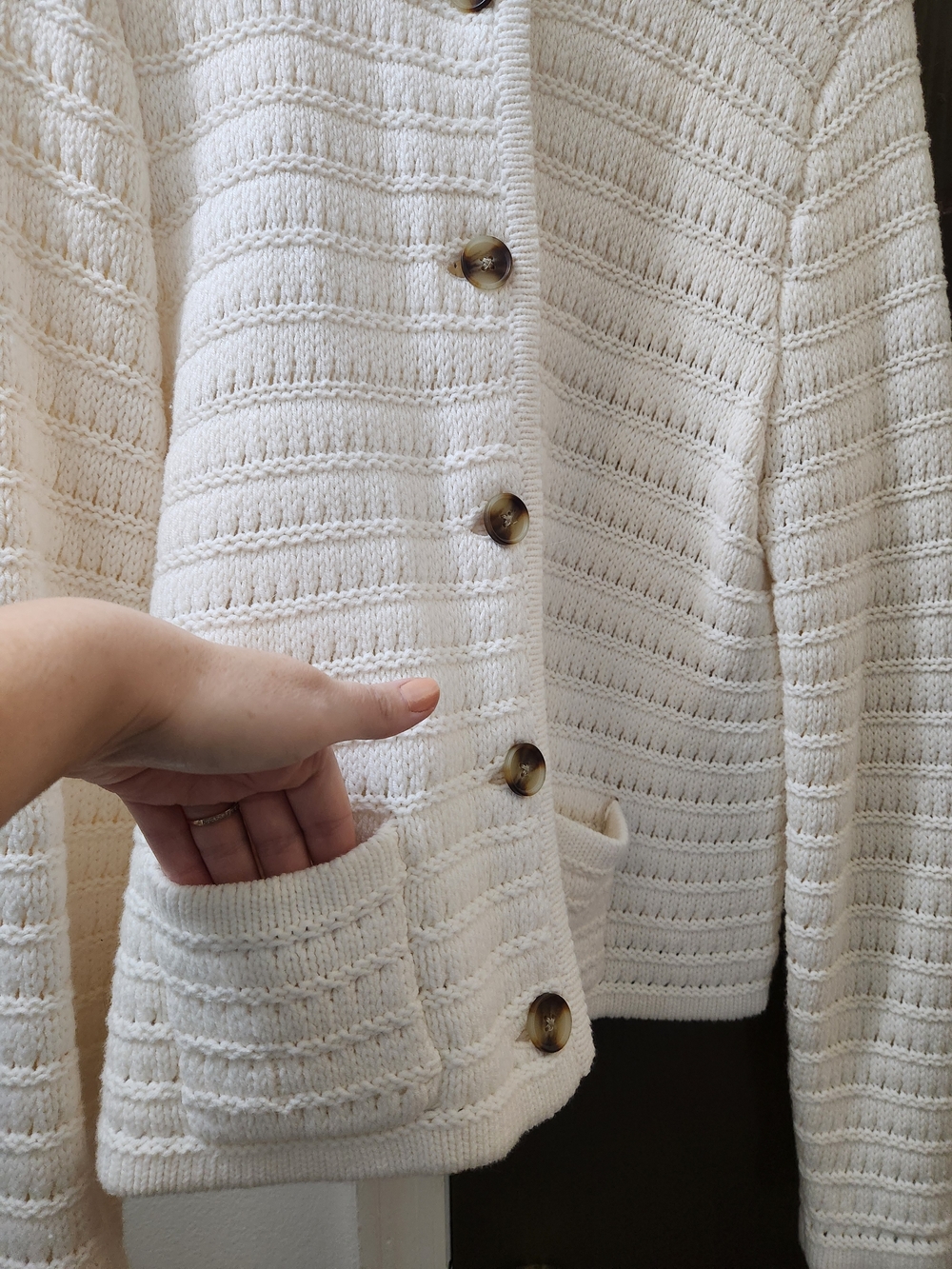 LOFT Cream Knit Button-Front Cardigan with Patch Pockets - Picture 5 of 5